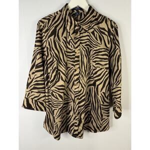 Chaps Womens 1X Button Up Top NEW Tan Brown Animal Print Gold Buttons Old Money